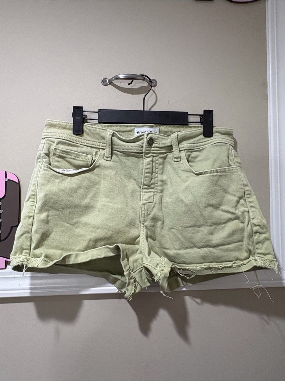 High-Rise Light Green Denim Jean Shorts with Frayed Hem